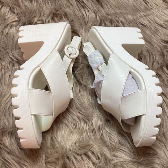 High Heel Platform Wedge White Criss-cross Ankle Strap Chunky Block Sandal - Picture 5 of 10